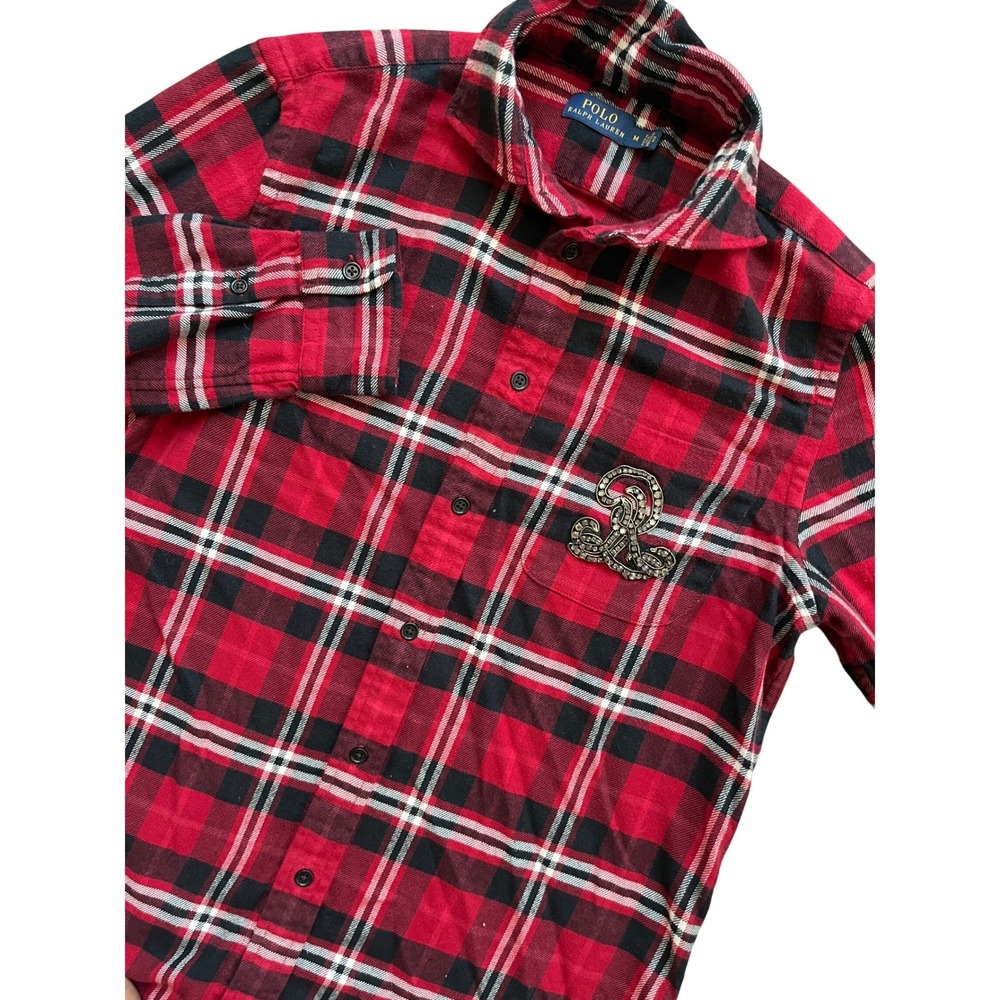 Polo Ralph Lauren Red Plaid Flannel Shirt Beaded RL Crest Women Medium Cotton